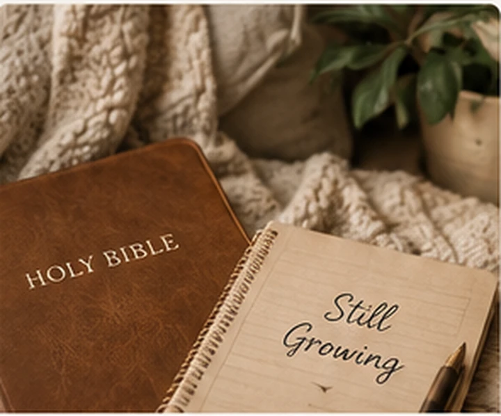 Bible and journal arranged in a warm, quiet devotional setting