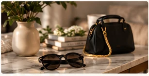 Curated handbag, books and home details in a warm editorial setting