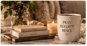 Books, candle and prayer mug arranged for a quiet devotional moment